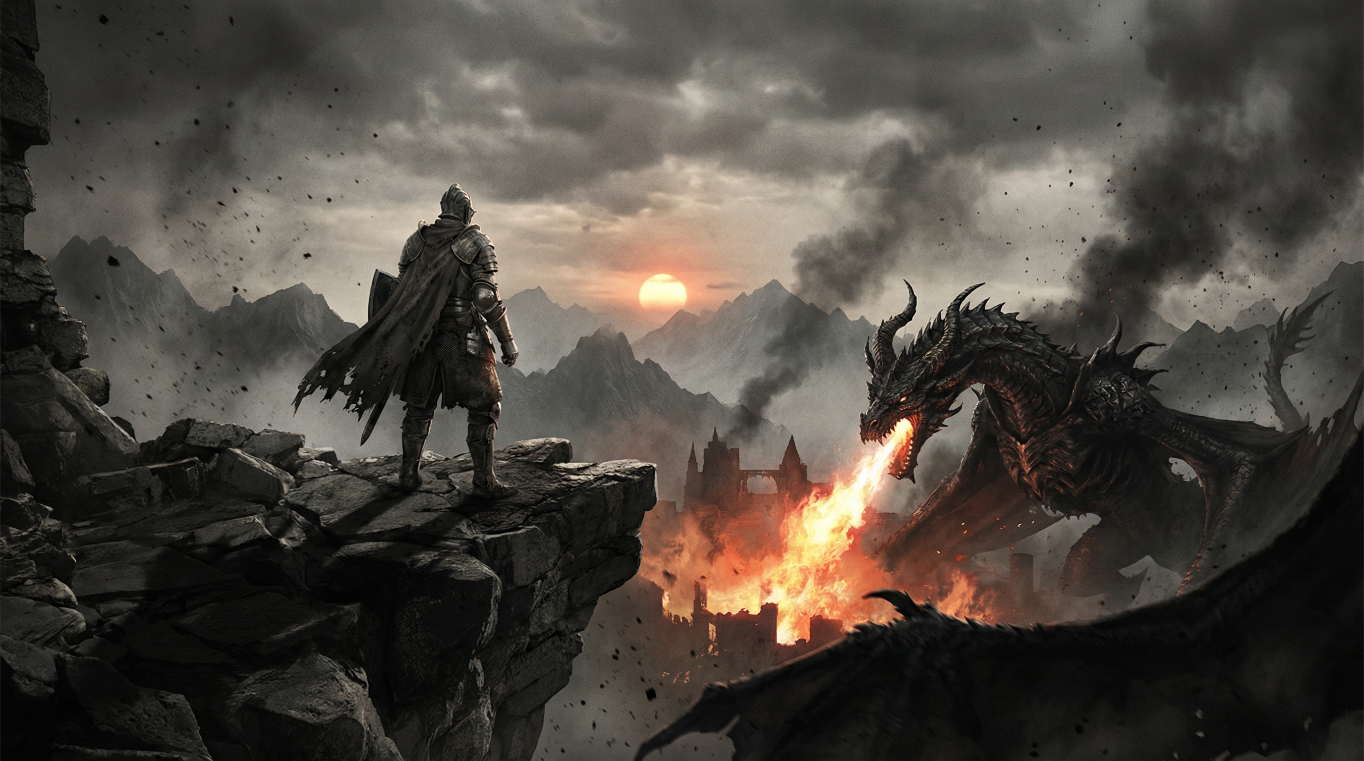一个身穿重甲的骑士站在悬崖边，对面是一只巨大的、喷火的黑龙。夕阳西下，史诗感拉满。