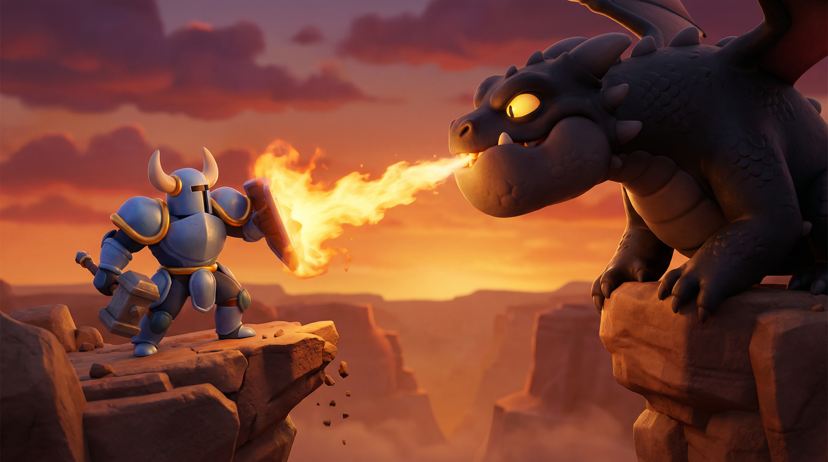 一个身穿重甲的骑士站在悬崖边，对面是一只巨大的、喷火的黑龙。夕阳西下，史诗感拉满。